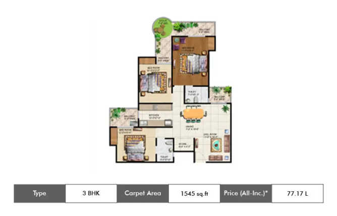 Ajnara Grand Heritage Sector 74 - Floor plan 3 BHK 1545 Sq.ft
