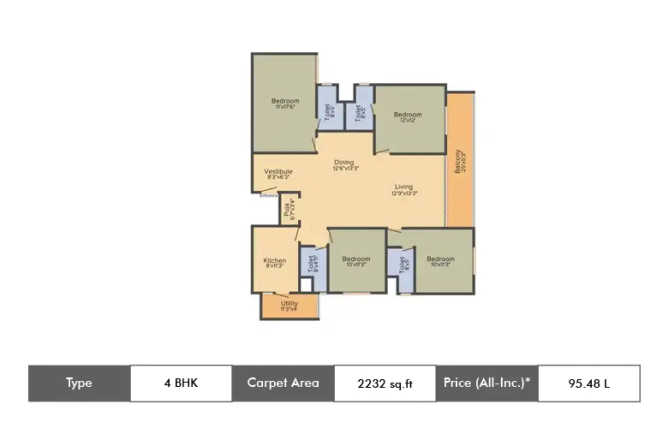 Pacifica Happiness Towers Padur - Floor plan 4 BHK 2232 Sq.ft