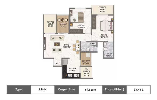 Runal Spacio Ravet - Floor plan 2 BHK 692 Sq.ft