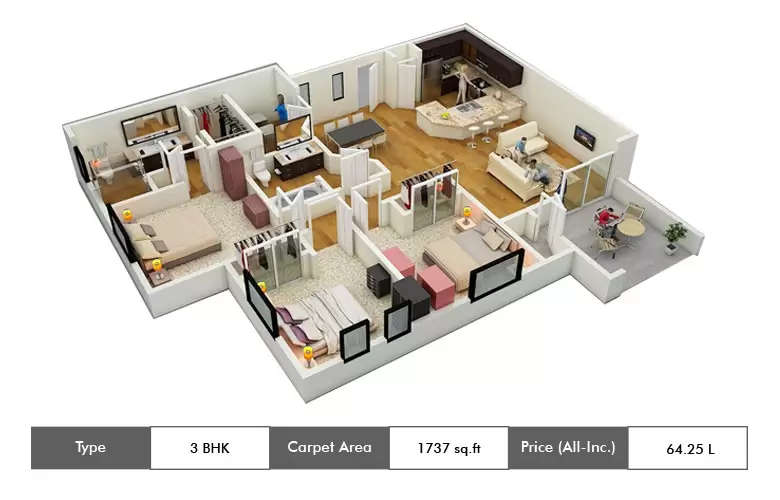 Floor plan for 3 BHK