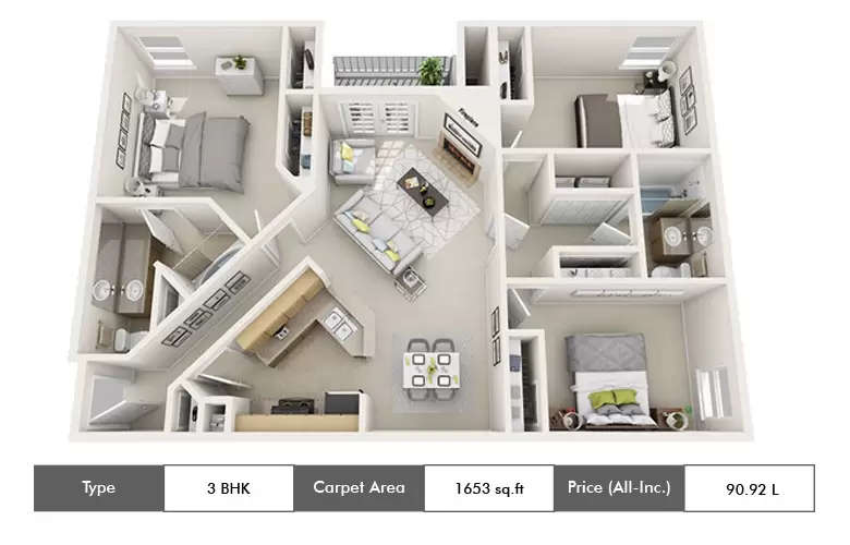Floor plan for 3 BHK