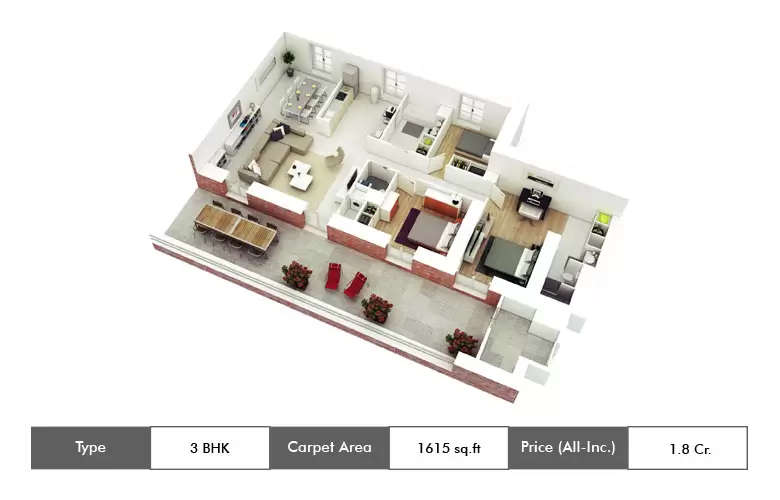 Floor plan for 3 BHK