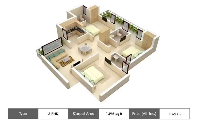 Floor plan for 3 BHK