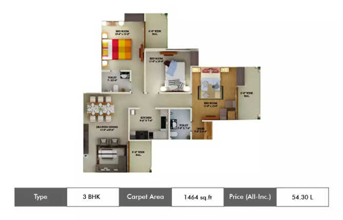 Supertech Ecovillage Sector 16B Greater Noida W - Floor plan 3 BHK 1464 Sq.ft
