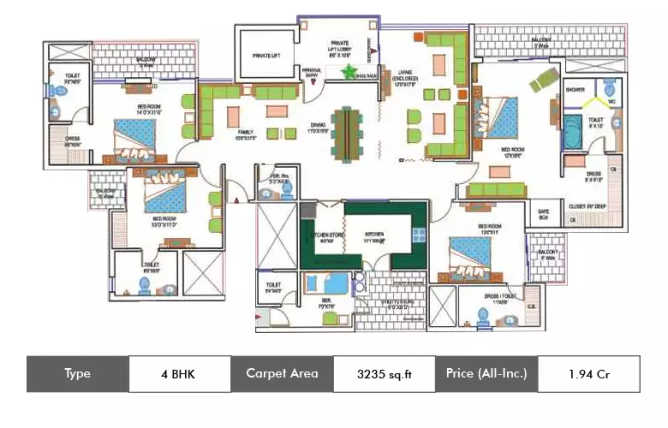 Amrapali Heartbeat City Sector 107 - Floor plan 4 BHK 3235 Sq.ft