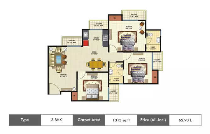 Amrapali Princely Estate Sector 76 - Floor plan 3 BHK 1315 Sq.ft