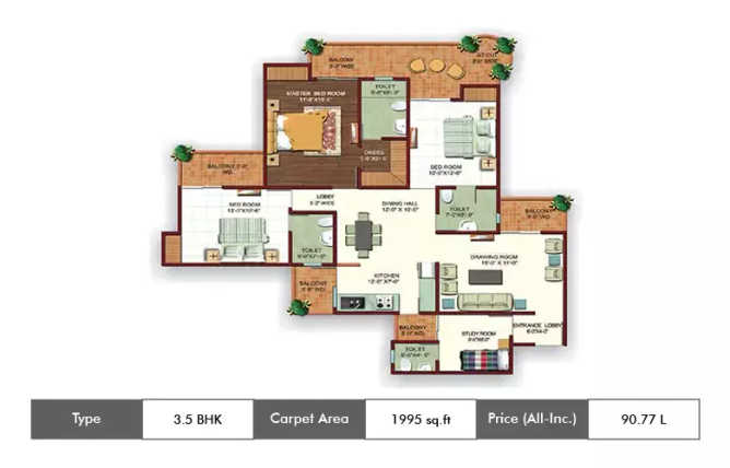 Ajnara Ambrosia Sector 118 - Floor plan 3.5 BHK 1995 Sq.ft