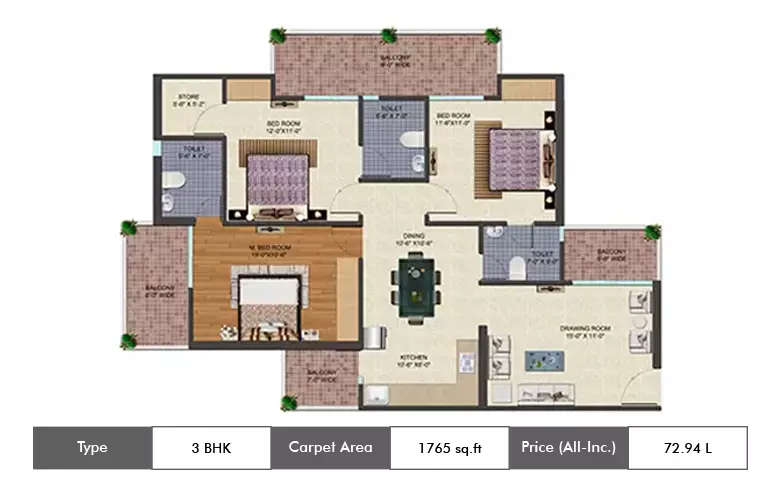 Floor plan for 3 BHK