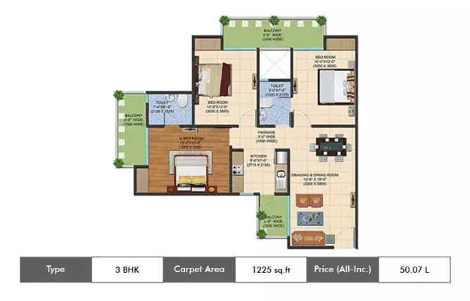 Ajnara Le Garden Sector 16B Greater Noida W - Floor plan 3 BHK 1225 Sq.ft