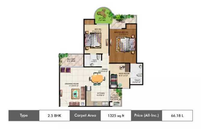 Ajnara Grand Heritage Sector 74 - Floor plan 2.5 BHK 1325 Sq.ft