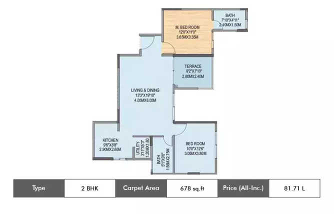 Geras Misty Waters Keshav Nagar - Floor plan 2 BHK 678 Sq.ft