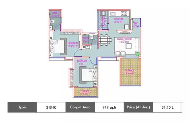 Majestique City Wagholi - Floor plan 2 BHK 919 Sq.ft