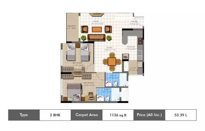 Supertech Micasa Thanisandra - Floor plan 2 BHK 1136 Sq.ft