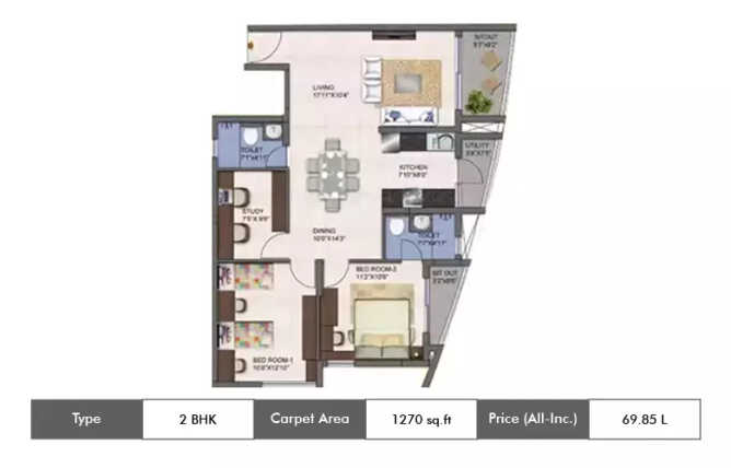 Kolte Patil Mirabilis Krishnarajapura - Floor plan 2 BHK 1270 Sq.ft