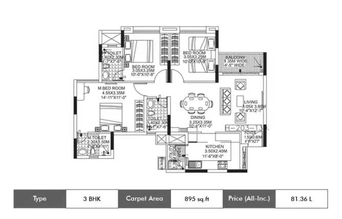 Kolte Patil Raaga Yerappanahalli - Floor plan 3 BHK 895 Sq.ft