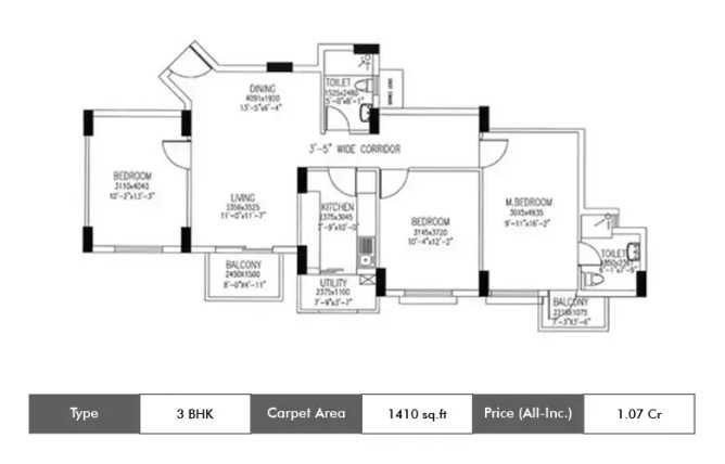 DLF Westend Heights Akshaya Nagar - Floor plan 3 BHK 1410 Sq.ft