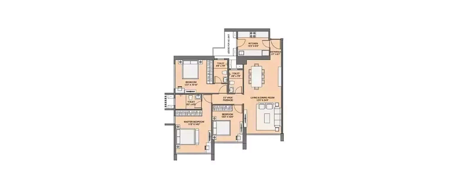 Floor plan for 3 BHK
