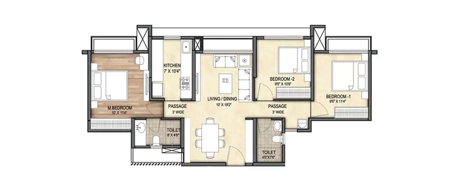 Floor plan for 3 BHK