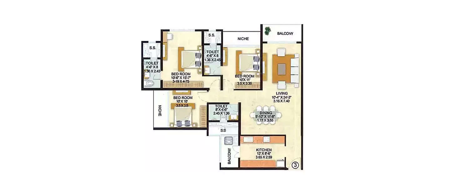 Floor plan for 3 BHK