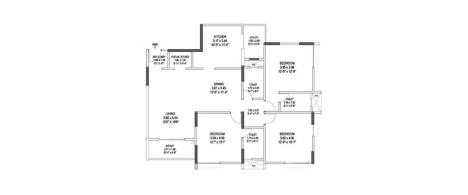 Floor plan for 3 BHK