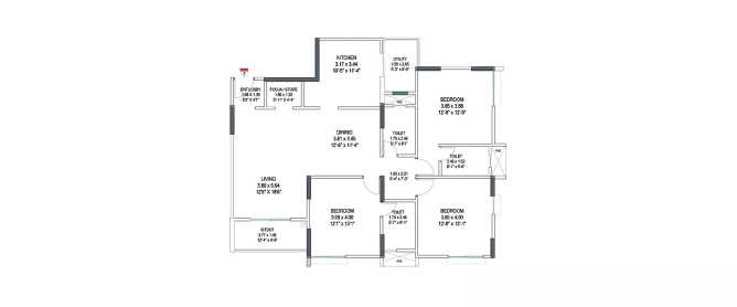Pride Pegasus Byrathi - Floor plan 3 BHK 1295 Sq.ft