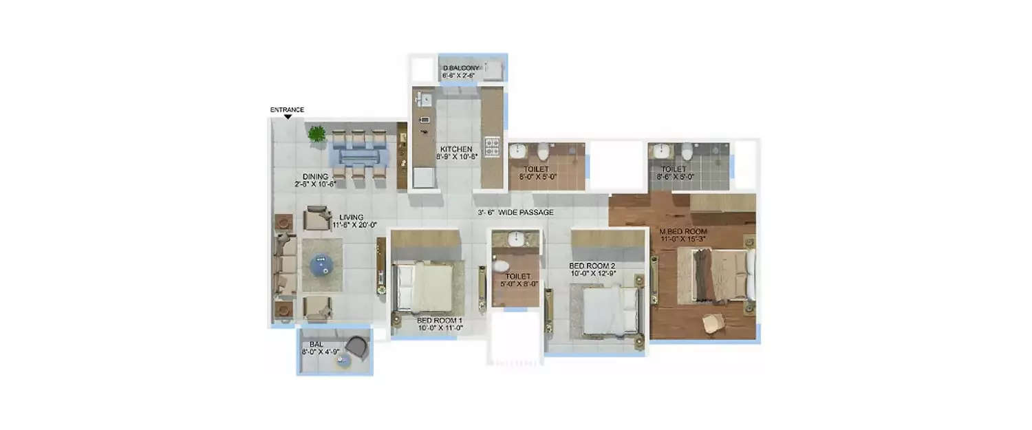 Floor plan for 3 BHK