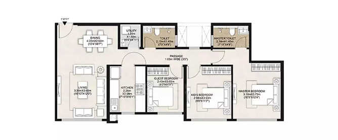 Mahindra Alcove Chandivali - Floor plan 3 BHK 884 Sq.ft