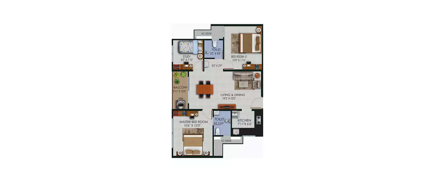Floor plan for 3 BHK