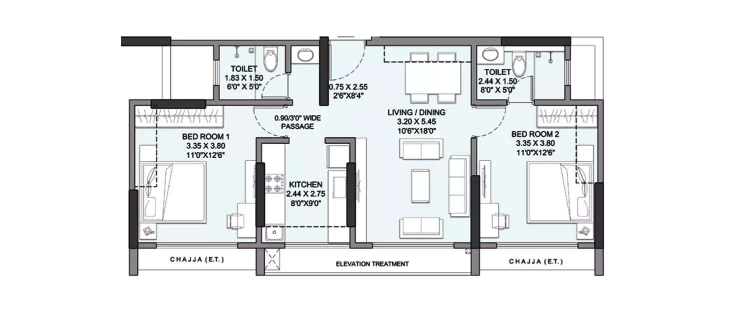 Floor plan for 2 BHK