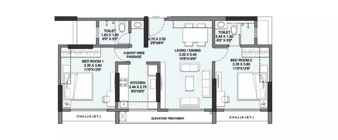 Wadhwa Elite Ghodbunder Road - Floor plan 2 BHK 729 Sq.ft