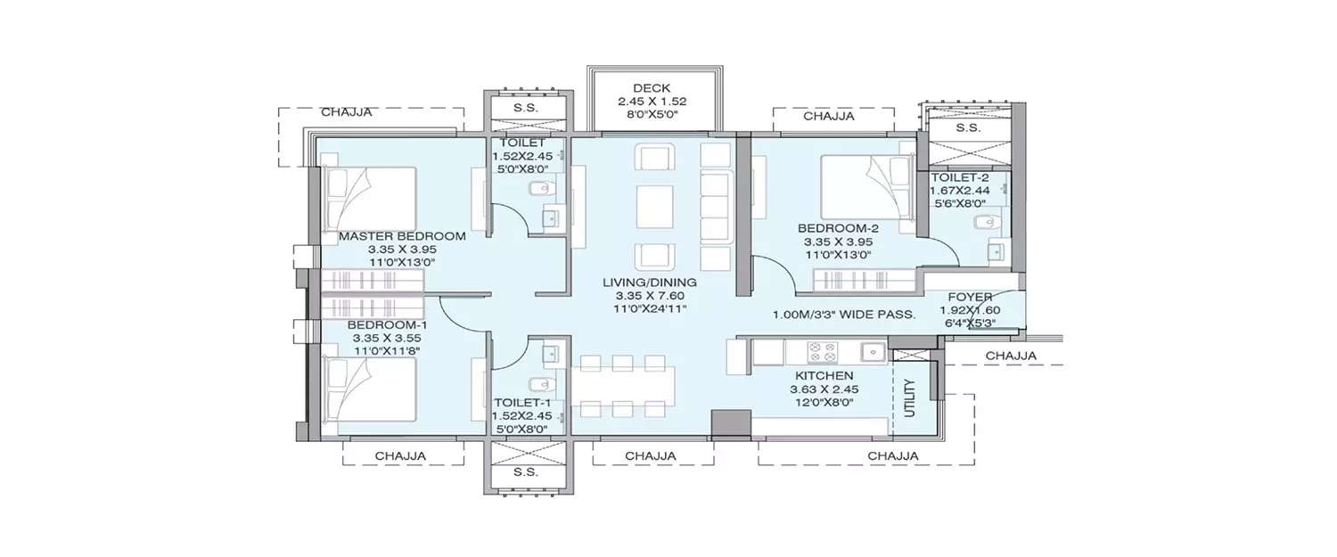 Floor plan for 3 BHK