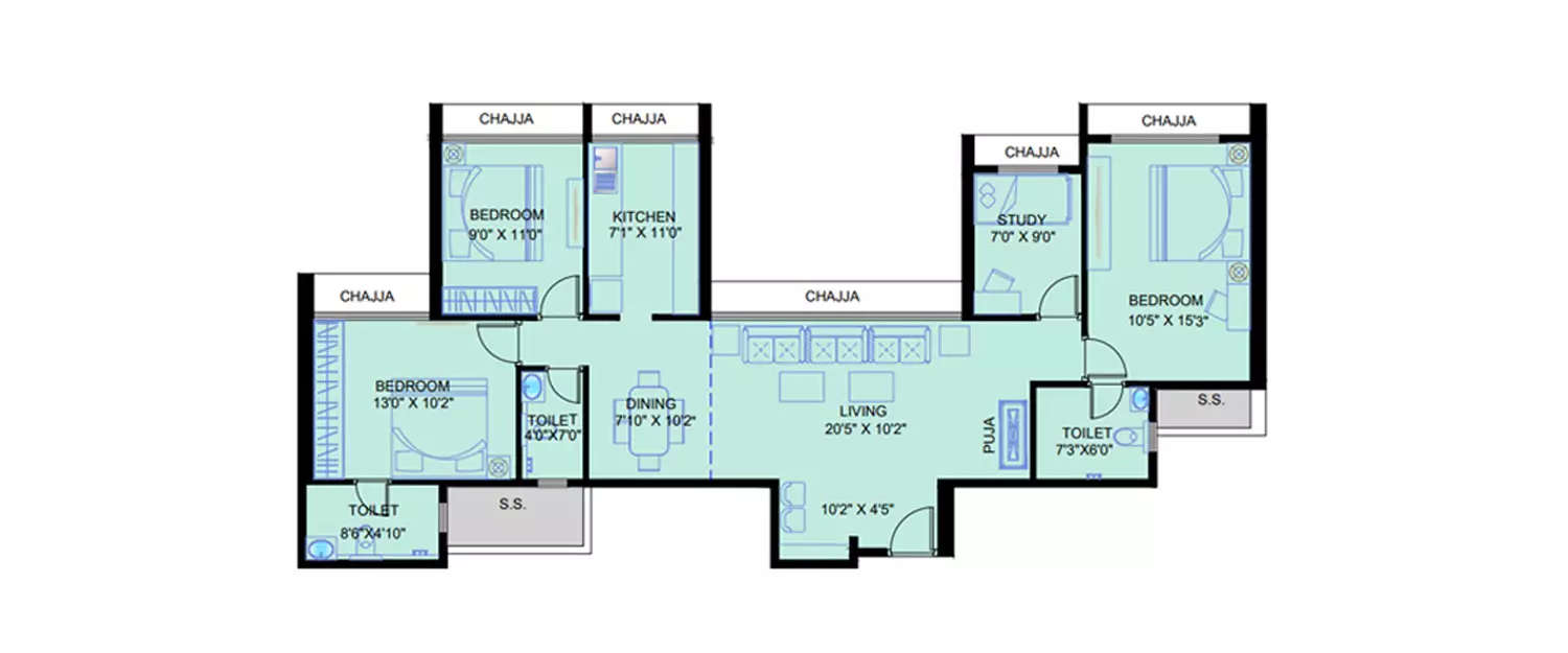 Floor plan for 3 BHK