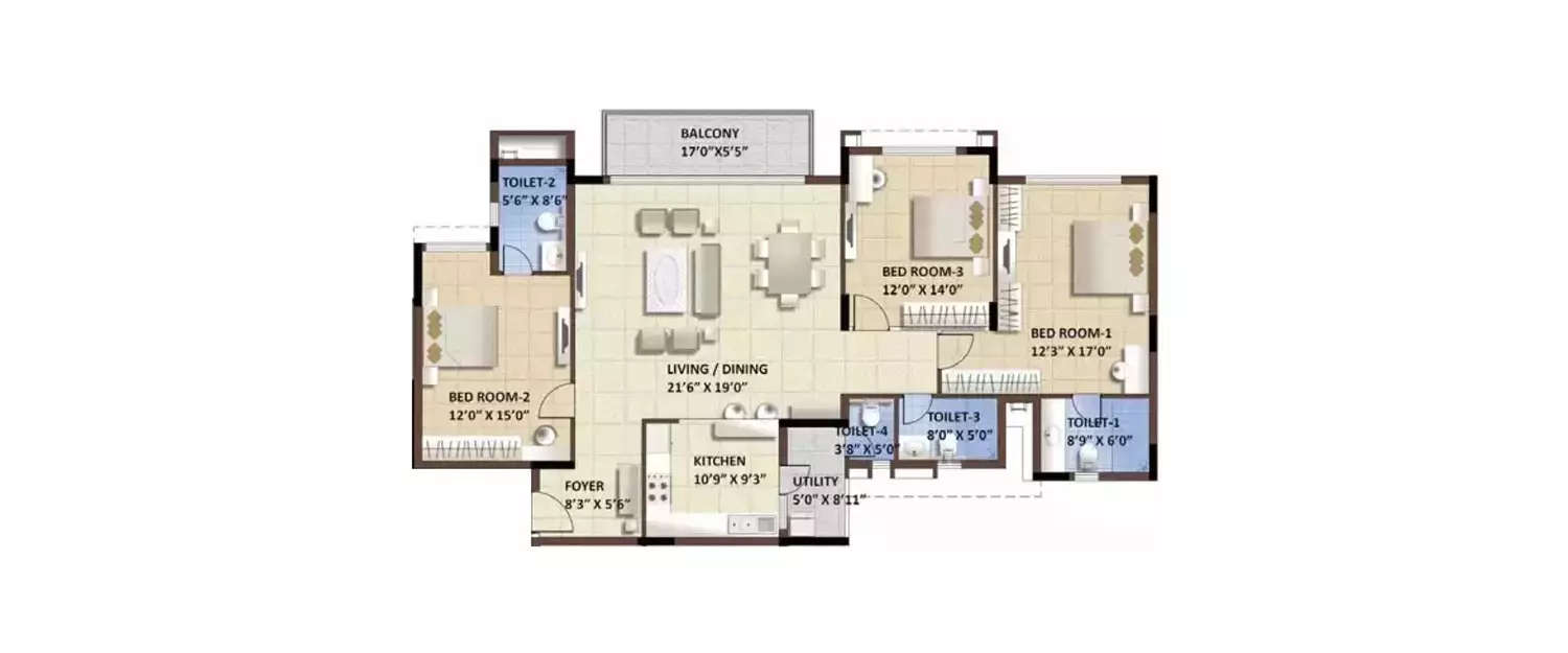 Floor plan for 3 BHK
