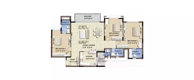 Purva Whitehall Devanahalli - Floor plan 3 BHK 2007 Sq.ft