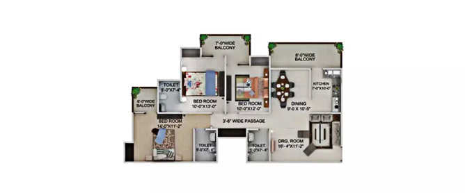 Supertech Cape Town Sector 74 - Floor plan 3 BHK 1625 Sq.ft