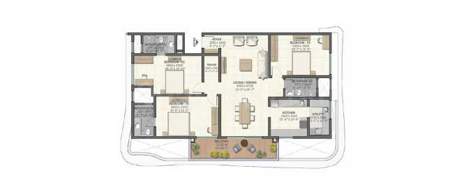 Sobha Waterfront Somajiguda - Floor plan 4 BHK 1962 Sq.ft