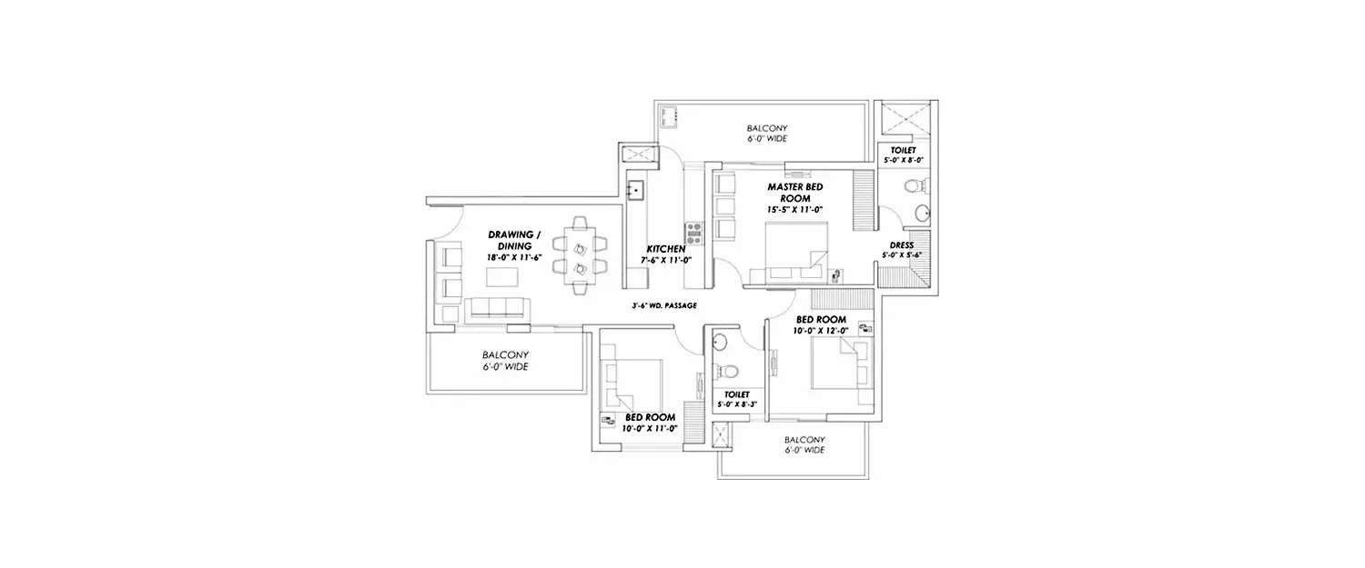 Floor plan for 3 BHK