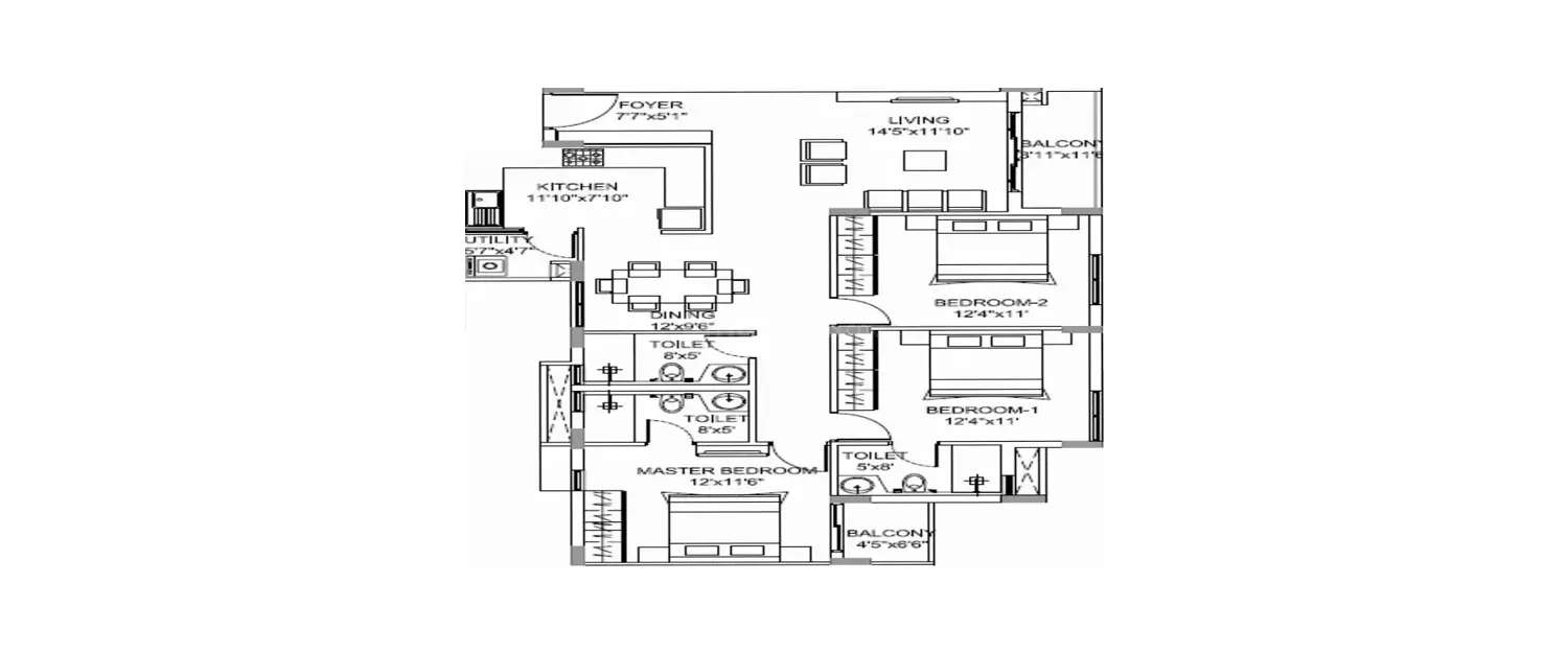 Floor plan for 3 BHK