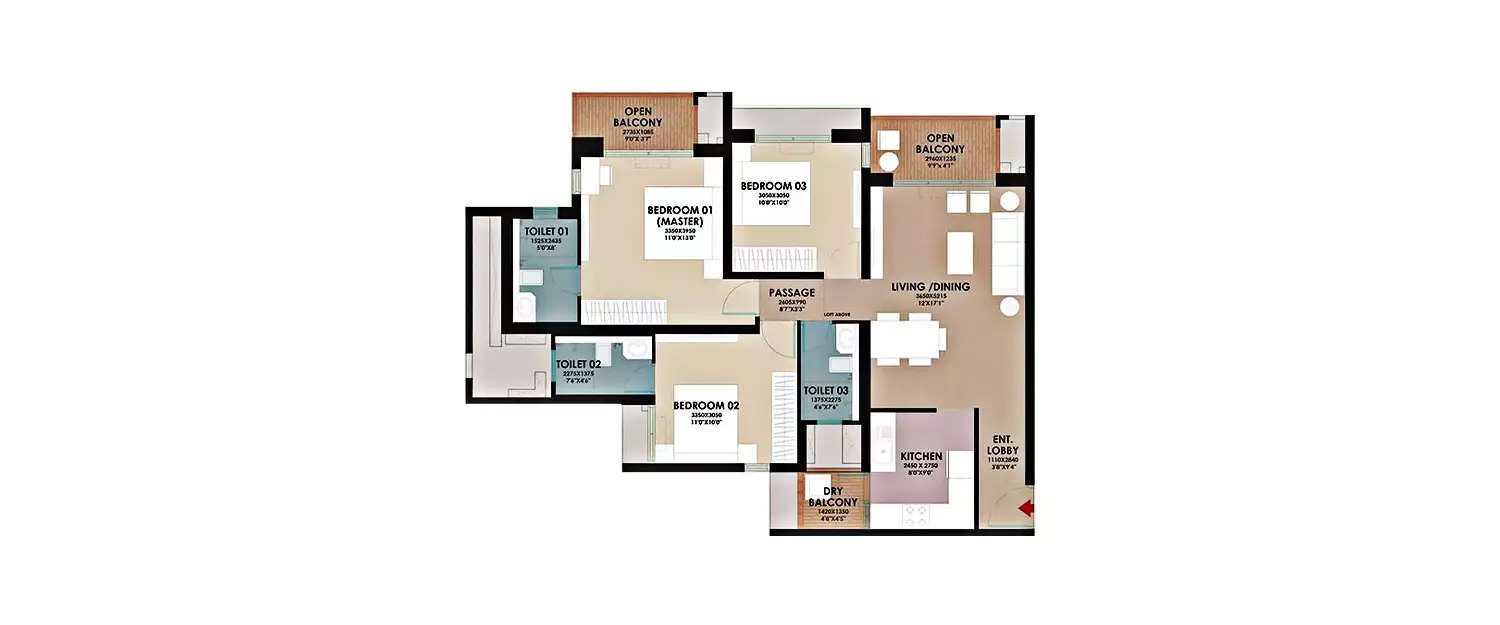 Floor plan for 3 BHK