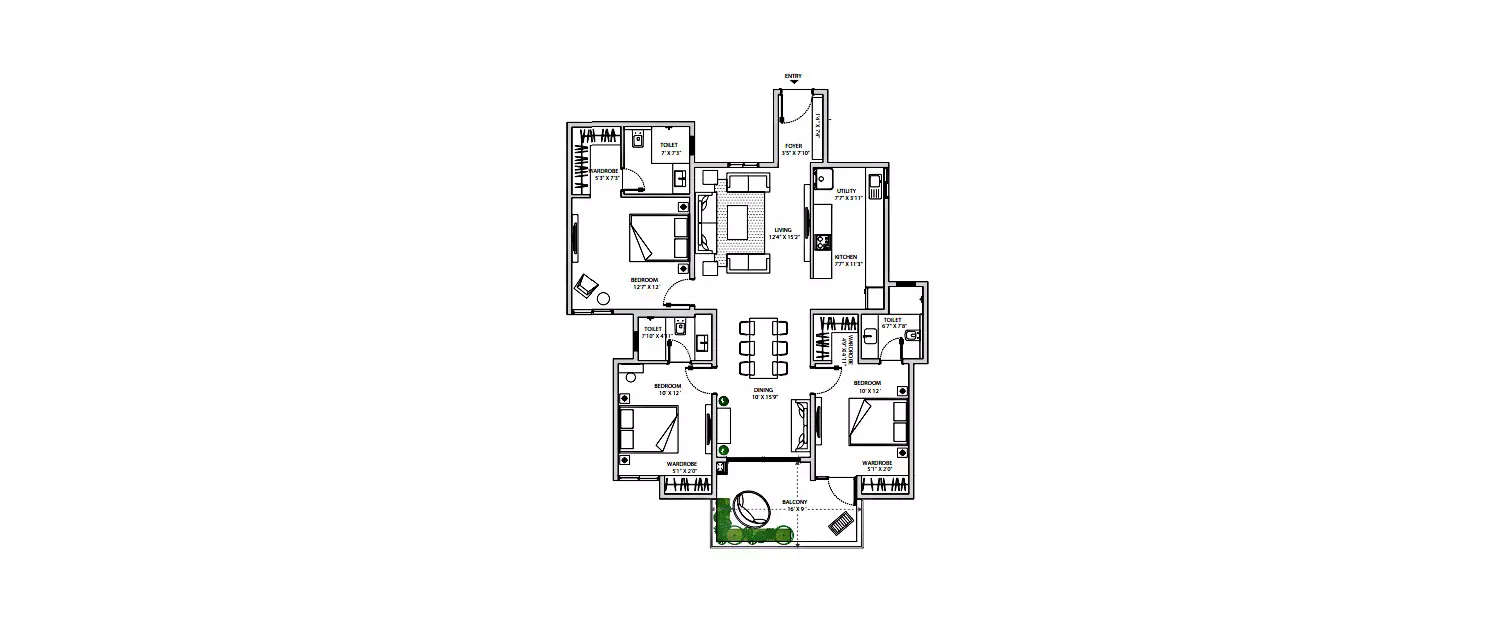 Floor plan for 3 BHK