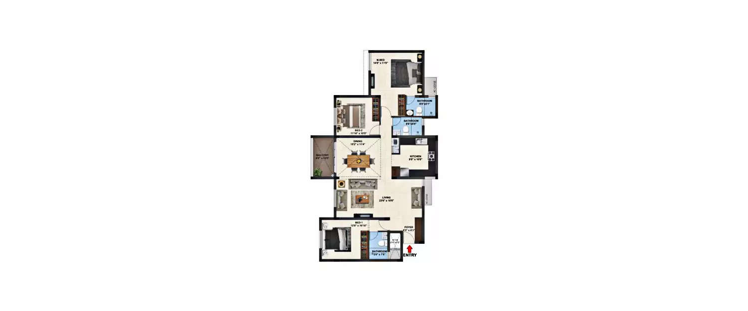 Floor plan for 3 BHK