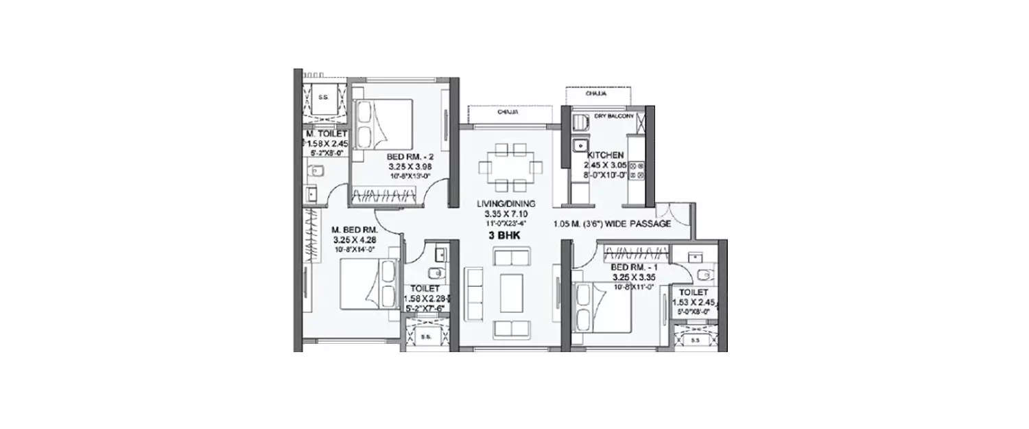 Floor plan for 3 BHK