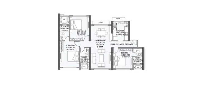 Wadhwa Azure Mulund - Floor plan 3 BHK 975 Sq.ft