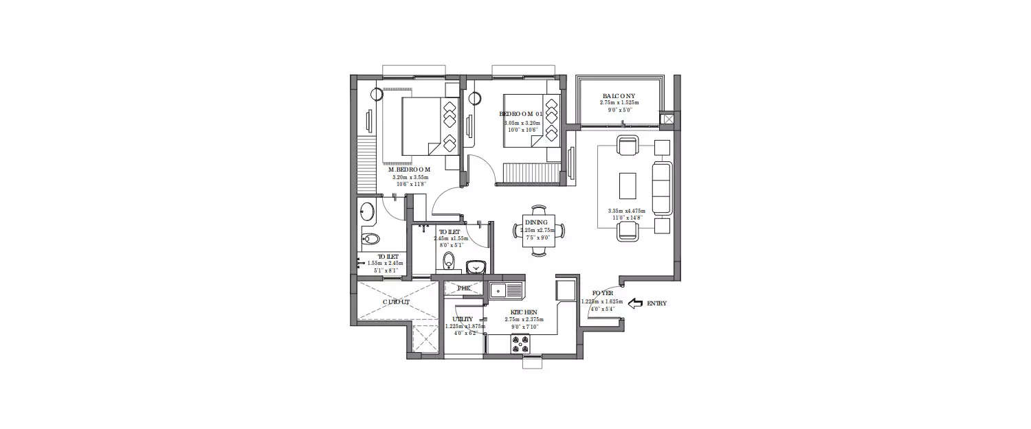 Floor plan for 2 BHK