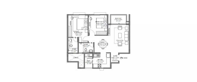Godrej Life Plus Kanakapura - Floor plan 2 BHK 708 Sq.ft