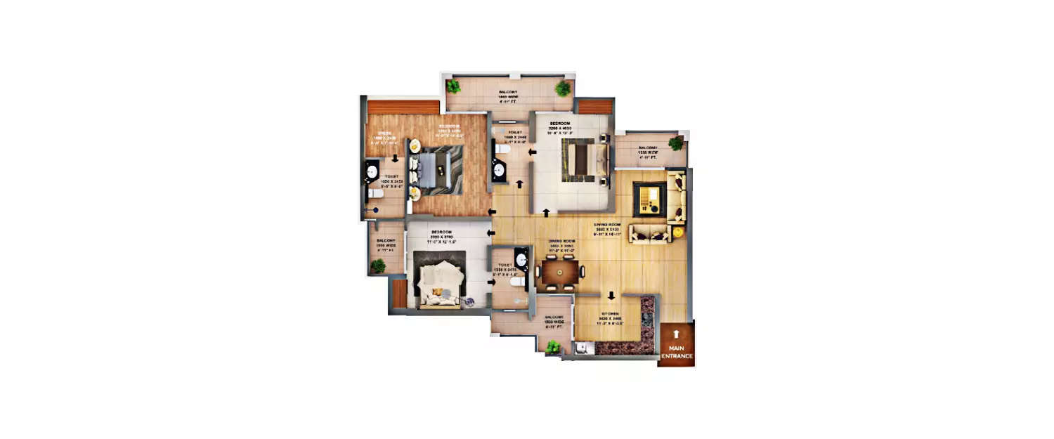 Floor plan for 3 BHK