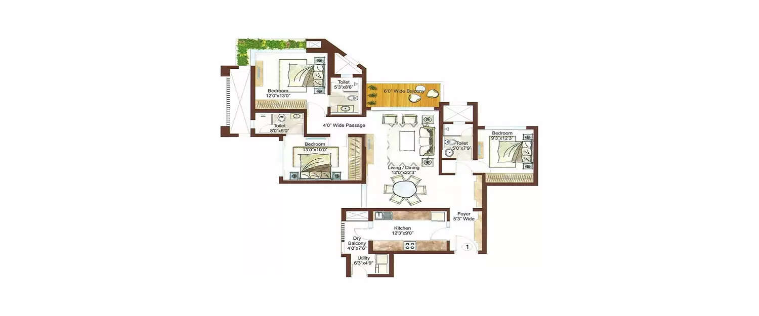 Floor plan for 3 BHK