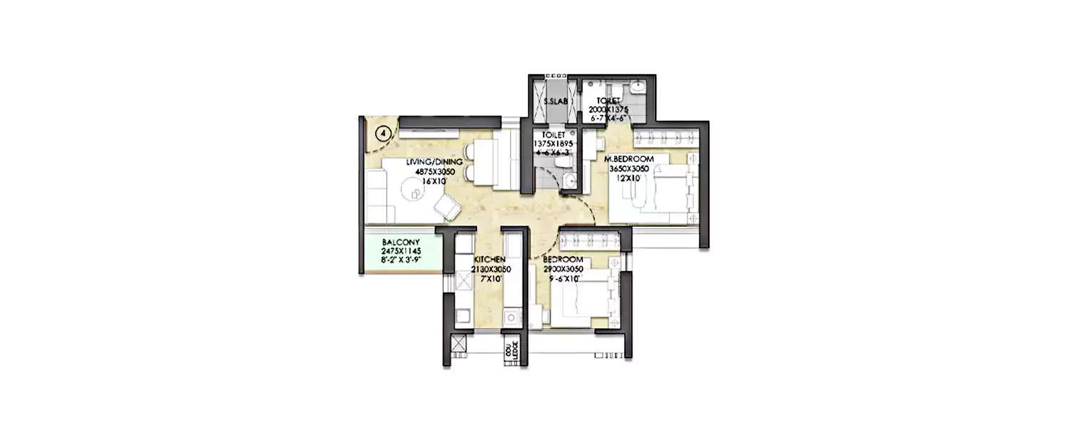 Floor plan for 2 BHK