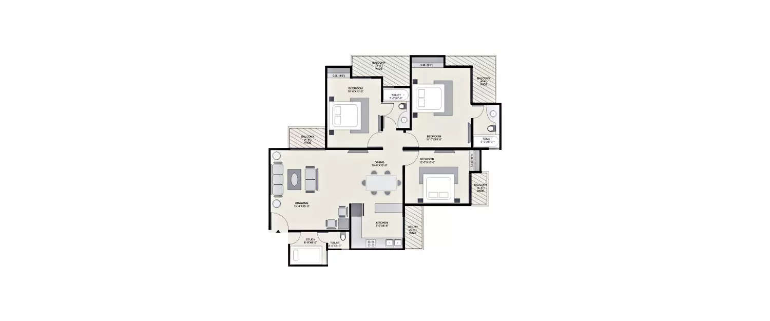 Floor plan for 3 BHK
