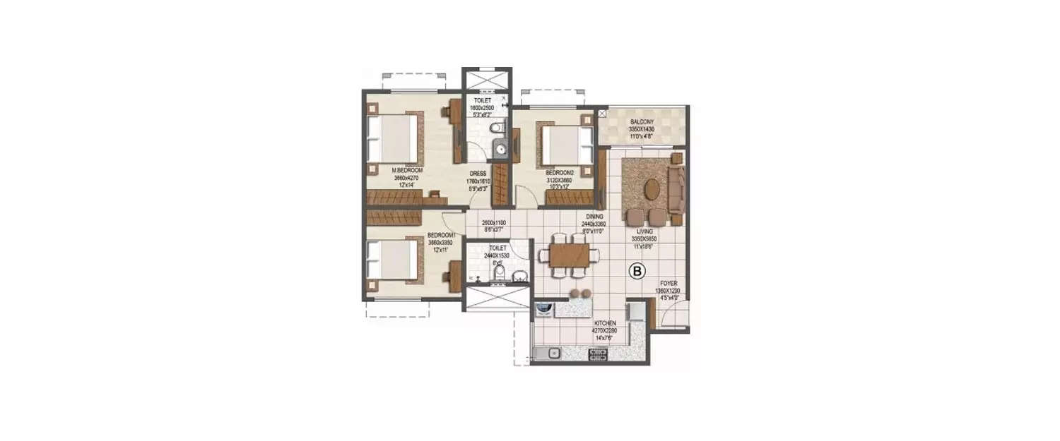 Floor plan for 3 BHK
